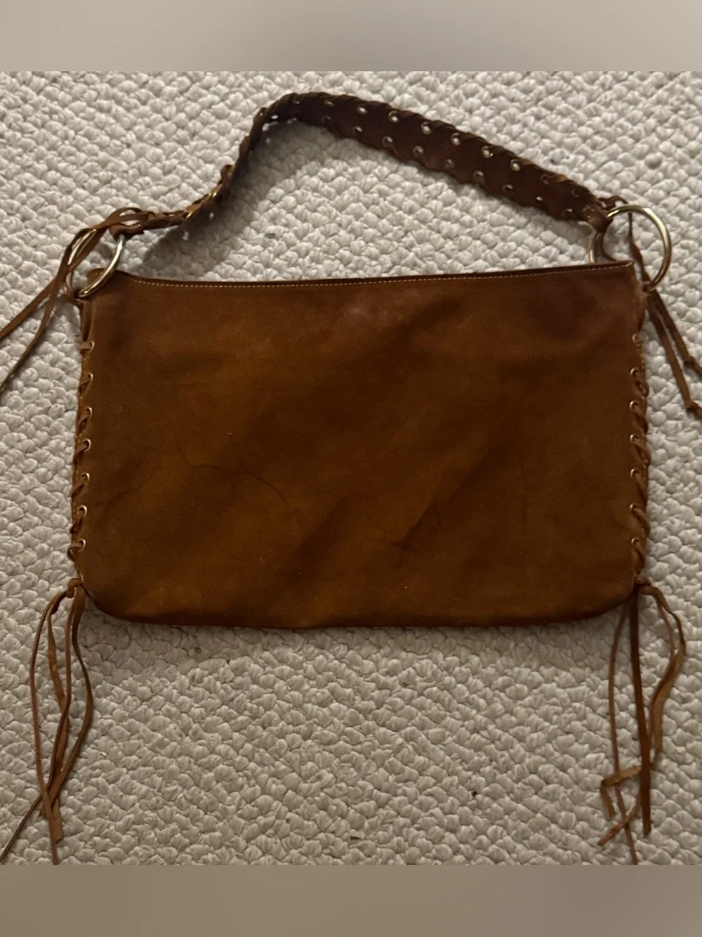 Brown Suede Shoulder Bag with Eyelet Lacing